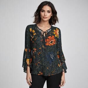 Kobi Halperin Rubie Floral Silk Blouse Boho Vneck bell sleeve size Small